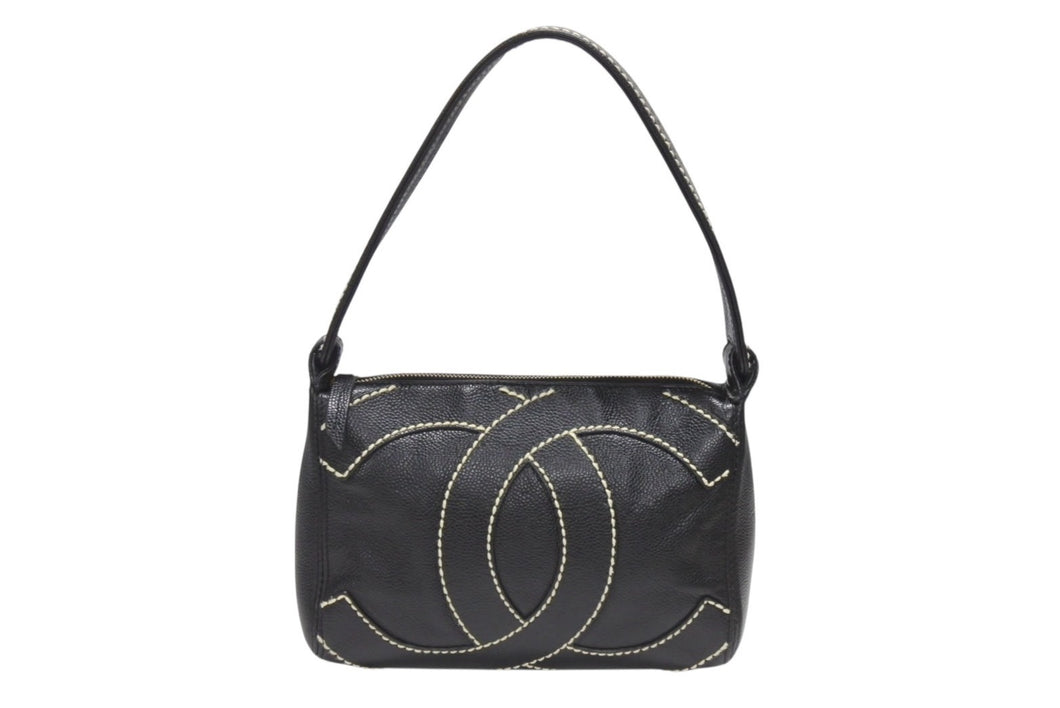 極美品 CHANEL シャネル ワイルドステッチ ワンショルダーバッグ 9番台 ココマーク キャビアスキン ブラック ゴールド金具 中古 4b006992