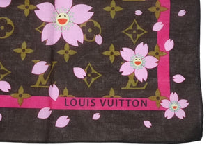 極美品 LOUIS VUITTON ルイヴィトン LV × TM カレ モノグラム チェリーブロッサム スカーフ 村上隆 マロン M71920 中古 4b007010
