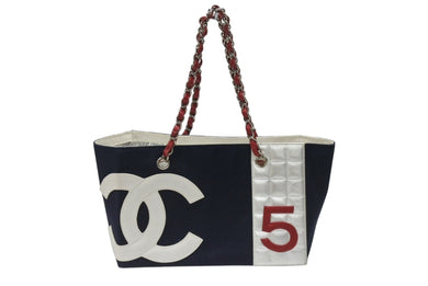 極美品 CHANEL シャネル トートバッグ チェーンショルダー ココマーク 7番台 No.5 ネイビー シルバー キャンバス レザー 中古 4b007015