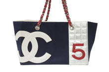 Load image into Gallery viewer, 極美品 CHANEL シャネル トートバッグ チェーンショルダー ココマーク 7番台 No.5 ネイビー シルバー キャンバス レザー 中古 4b007015