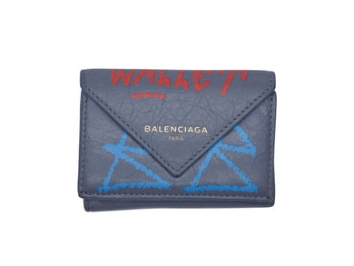 BALENCIAGA バレンシアガ ペーパー グラフィティ コンパクト ウォレット 三つ折り財布 391446 グレー レザー ゴールド金具 美品 中古 4b007083