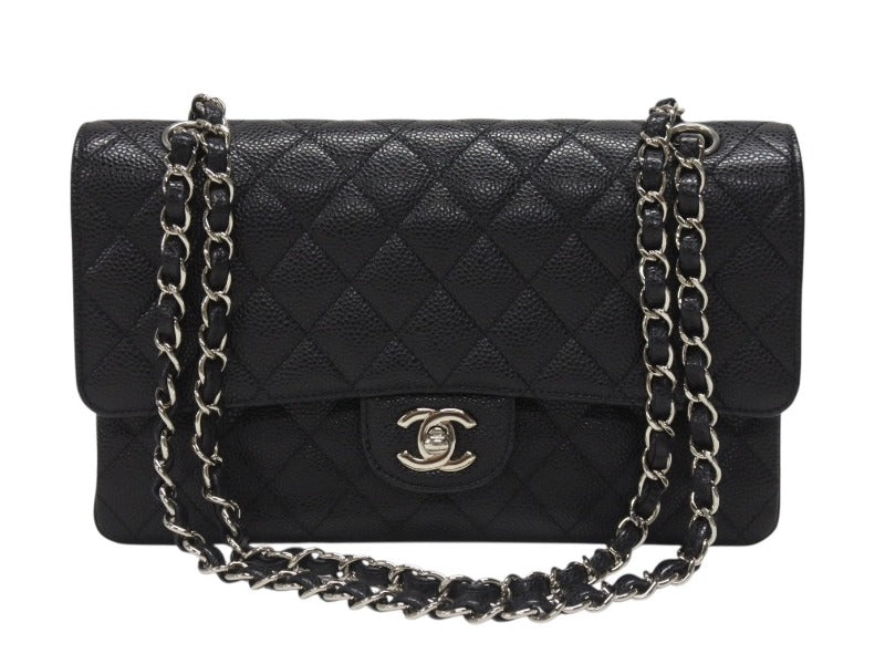 極美品 CHANEL シャネル マトラッセ25 チェーンショルダーバッグ ココマーク 13番台 キャビアスキン ブラック シルバー金具 中古 4b007101