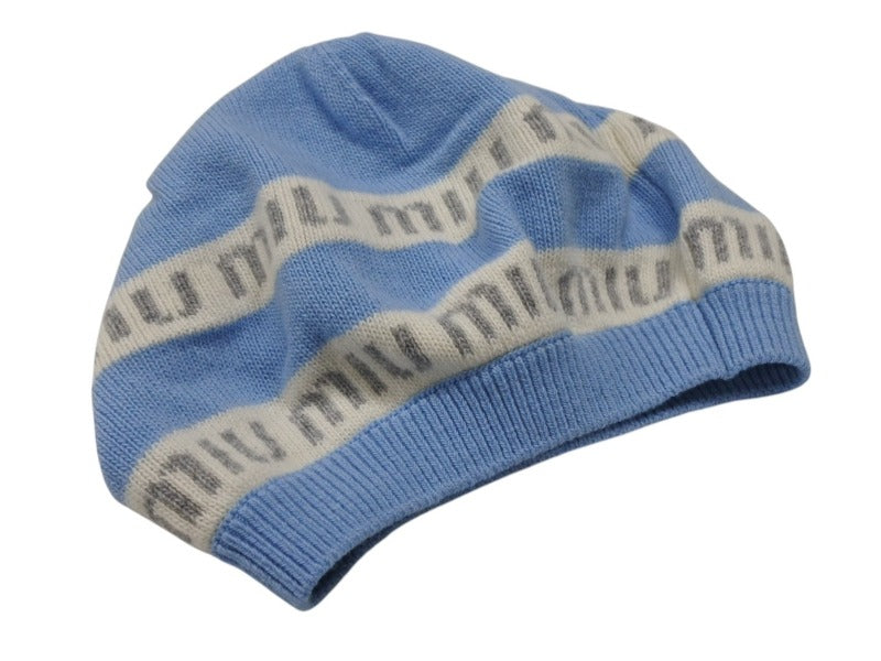 MIU MIU ミュウミュウ ロゴジャカード ニット帽 ビーニー ライトブルー  