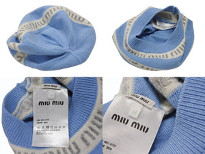 MIU MIU ミュウミュウ ロゴジャカード ニット帽 ビーニー ライトブルー バージンウール サイズＭ 美品 中古 4b007107