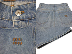 極美品 MIUMIU ミュウミュウ Denim Short Pants ロゴマーク入り デニムショートパンツ コットン サイズ38 中古 4b007108