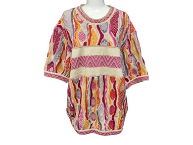 COOGI クージー vintage 半袖 3D立体ニット 編み込み マルチカラー ベージュピンクイエロー系 サイズSS 美品 中古 4b007110