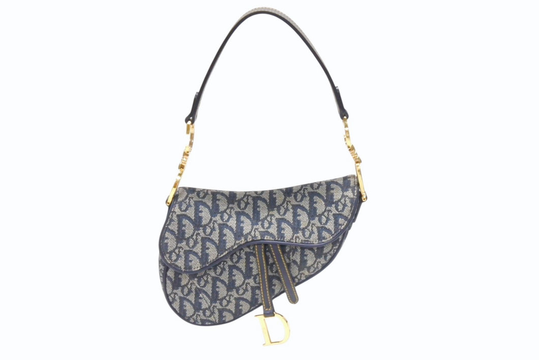 Christian Dior クリスチャンディオール ワンショルダーバッグ サドルバッグ トロッター ガリアーノ期 キャンバス レザー ネイビー 美品 中古 4b007134