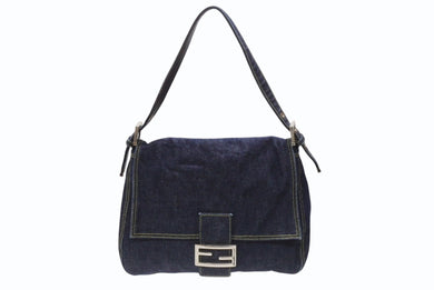 FENDI フェンディ マンマバケット ワンショルダーバッグ 26425 デニム レザー ネイビー シルバー金具 美品 中古 4b007142