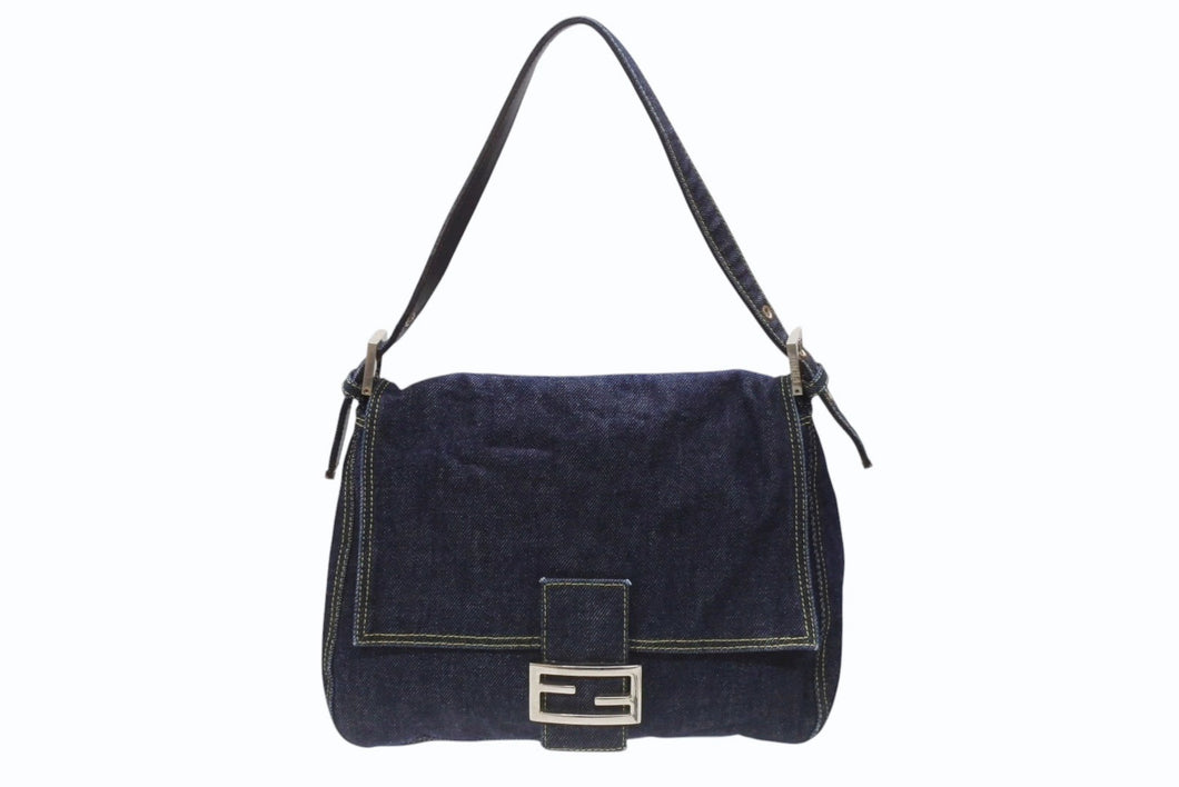 FENDI フェンディ マンマバケット ワンショルダーバッグ 26425 デニム レザー ネイビー シルバー金具 美品 中古 4b007142