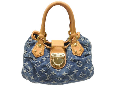 LOUIS VUITTON ルイヴィトン プリーティ ハンドバッグ M95020 モノグラム デニム レザー ブルー ゴールド金具 美品 中古 4b007162