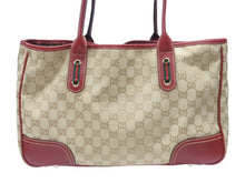Load image into Gallery viewer, GUCCI グッチ トートバッグ ハンドバッグ 163305 213048 イタリア製 GGキャンバス レザー ベージュ レッド ゴールド金具 美品 中古 4b007169