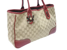 Load image into Gallery viewer, GUCCI グッチ トートバッグ ハンドバッグ 163305 213048 イタリア製 GGキャンバス レザー ベージュ レッド ゴールド金具 美品 中古 4b007169