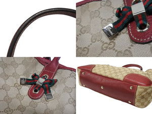 GUCCI グッチ トートバッグ ハンドバッグ 163305 213048 イタリア製 GGキャンバス レザー ベージュ レッド ゴールド金具 美品 中古 4b007169