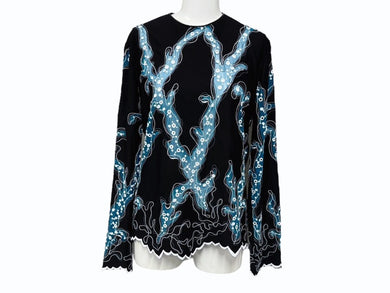 極美品 LOUIS VUITTON ルイヴィトン 15SS ジップアップ レース ブラウス ブラック ホワイト ターコイズ レーヨン シルク 38 RW151A F7BB15VMX 中古 4b007171
