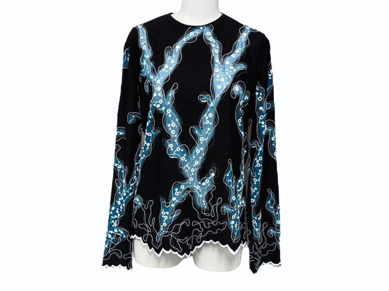 極美品 LOUIS VUITTON ルイヴィトン 15SS ジップアップ レース ブラウス ブラック ホワイト ターコイズ レーヨン シルク 38 RW151A F7BB15VMX 中古 4b007171