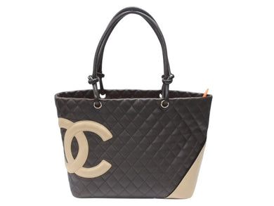 CHANEL シャネル カンボンライン ラージトートバッグ 9番台 A25169 ココマーク ラムスキン ブラウン ベージュ シルバー金具 美品 中古 4b007184