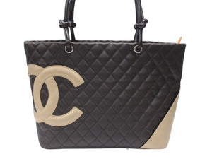 CHANEL シャネル カンボンライン ラージトートバッグ 9番台 A25169 ココマーク ラムスキン ブラウン ベージュ シルバー金具 美品 中古 4b007184