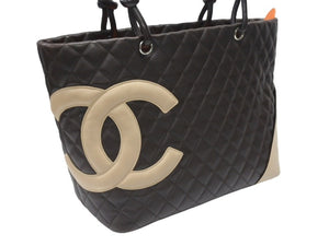 CHANEL シャネル カンボンライン ラージトートバッグ 9番台 A25169 ココマーク ラムスキン ブラウン ベージュ シルバー金具 美品 中古 4b007184