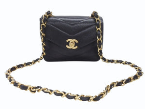 極美品 CHANEL シャネル Vステッチ チェーンショルダーバッグ 3番台 AO1115 キャビアスキン ココマーク ブラック ゴールド金具 中古 4b007195