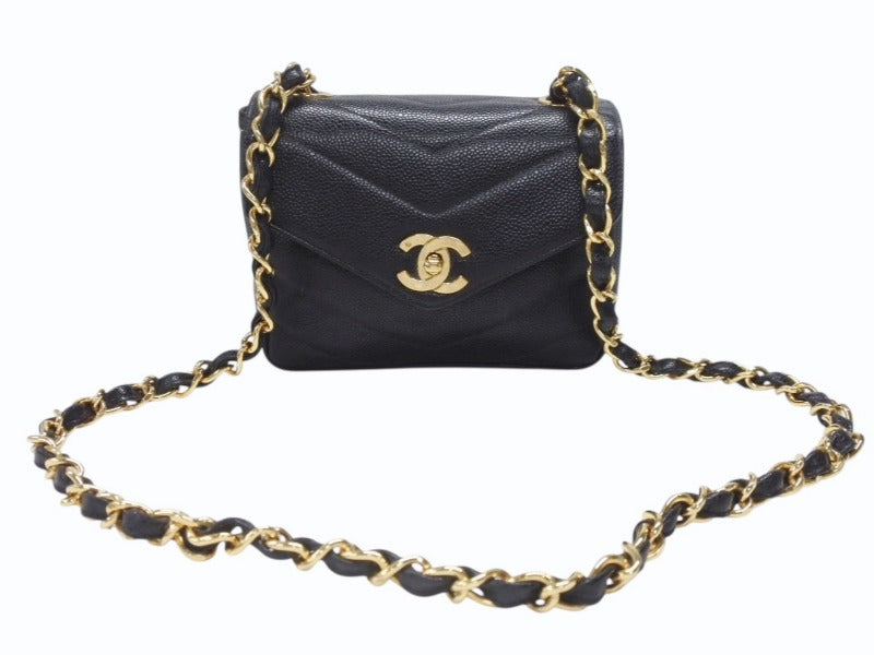 極美品 CHANEL シャネル Vステッチ チェーンショルダーバッグ 3番台 AO1115 キャビアスキン ココマーク ブラック ゴールド金具 中古 4b007195