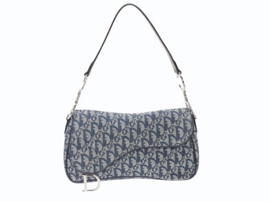極美品 CHRISTIAN DIOR クリスチャンディオール トロッターライン サドルバッグ ワンショルダーバッグ ネイビー シルバー金具 中古 4b007198