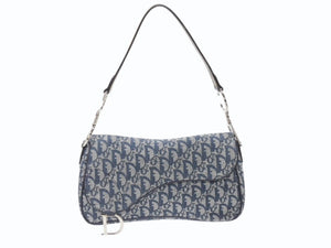 極美品 CHRISTIAN DIOR クリスチャンディオール トロッターライン サドルバッグ ワンショルダーバッグ ネイビー シルバー金具 中古 4b007198