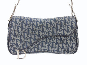極美品 CHRISTIAN DIOR クリスチャンディオール トロッターライン サドルバッグ ワンショルダーバッグ ネイビー シルバー金具 中古 4b007198