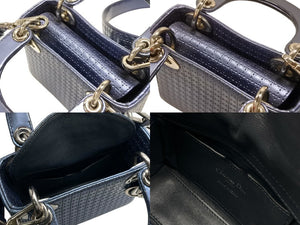 CHRISTIAN DIOR クリスチャンディオール マイクロ レディディオール マイクロカナージュ メタリックブルー シルバー金具 美品 中古 4b007211