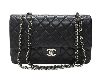 極美品 CHANEL シャネル マトラッセ25 Wフラップ Wチェーンショルダーバッグ ココマーク 7番台 ラムスキン ブラック シルバー金具 中古 4b007214