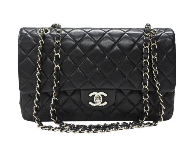 極美品 CHANEL シャネル マトラッセ25 Wフラップ Wチェーンショルダーバッグ ココマーク 7番台 ラムスキン ブラック シルバー金具 中古 4b007214