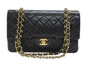 極美品 CHANEL シャネル マトラッセ25 Wフラップ Wチェーンショルダーバッグ 1番台 ラムスキン ココマーク ブラック ゴールド金具 中古 4b007223