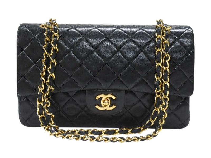 極美品 CHANEL シャネル マトラッセ25 Wフラップ Wチェーンショルダーバッグ 1番台 ラムスキン ココマーク ブラック ゴールド金具 中古 4b007223