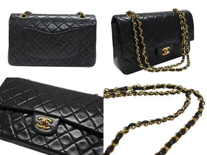 極美品 CHANEL シャネル マトラッセ25 Wフラップ Wチェーンショルダーバッグ 1番台 ラムスキン ココマーク ブラック ゴールド金具 中古 4b007223