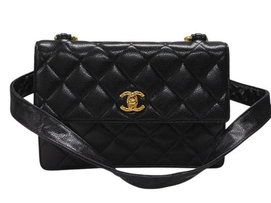 極美品 CHANEL シャネル ワンショルダーバッグ 2番台 キャビアスキン ココマーク ブラック ヴィンテージ ゴールド金具 中古 4b007226