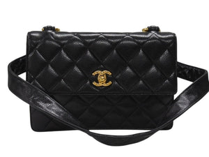 極美品 CHANEL シャネル ワンショルダーバッグ 2番台 キャビアスキン ココマーク ブラック ヴィンテージ ゴールド金具 中古 4b007226