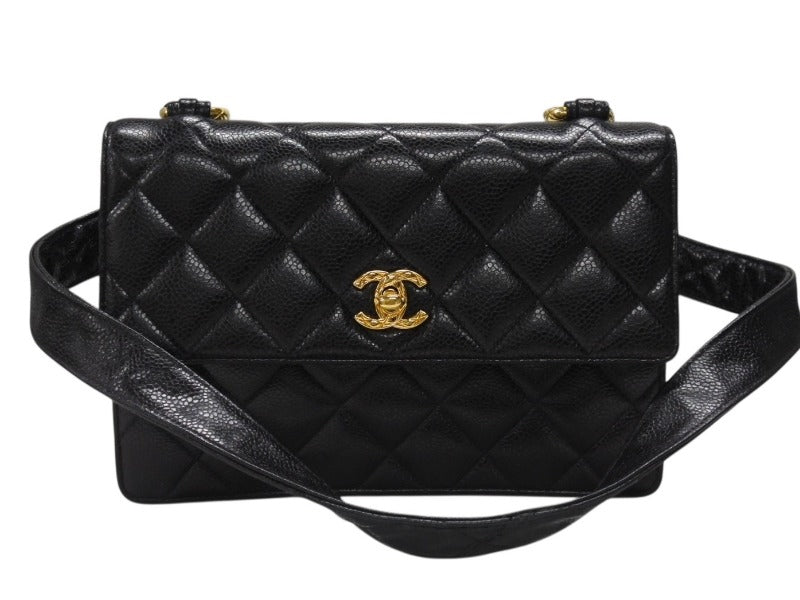 極美品 CHANEL シャネル ワンショルダーバッグ 2番台 キャビアスキン ココマーク ブラック ヴィンテージ ゴールド金具 中古 4b007226