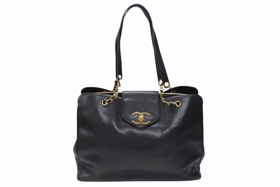 CHANEL シャネル スーパーモデル チェーン ショルダーバッグ ココマーク キャビアスキン ゴールド金具 ブラック 美品 中古 4b007228