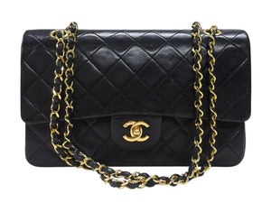極美品 CHANEL シャネル マトラッセ25 Wフラップ Wチェーンショルダーバッグ 0番台 ラムスキン ココマーク ブラック ゴールド金具 中古 4b007231