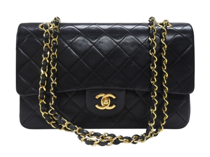 極美品 CHANEL シャネル マトラッセ25 Wフラップ Wチェーンショルダーバッグ 0番台 ラムスキン ココマーク ブラック ゴールド金具 中古 4b007231