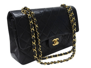 極美品 CHANEL シャネル マトラッセ25 Wフラップ Wチェーンショルダーバッグ 0番台 ラムスキン ココマーク ブラック ゴールド金具 中古 4b007231