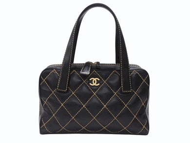 CHANEL シャネル ハンドバッグ ココマーク ワイルドステッチ ブラック レザー シルバー金具 8番台 美品 中古 4b007232