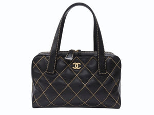 CHANEL シャネル ハンドバッグ ココマーク ワイルドステッチ ブラック レザー シルバー金具 8番台 美品 中古 4b007232