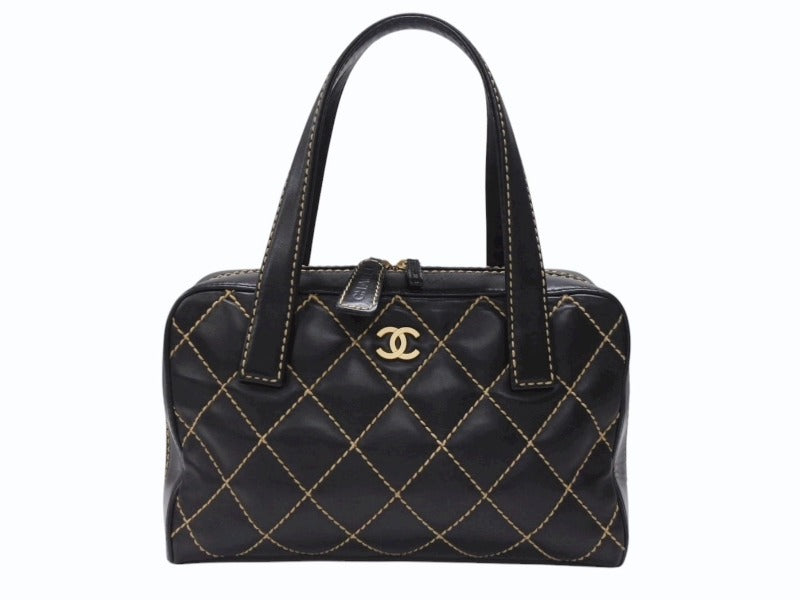 CHANEL シャネル ハンドバッグ ココマーク ワイルドステッチ ブラック レザー シルバー金具 8番台 美品 中古 4b007232