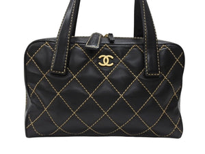 CHANEL シャネル ハンドバッグ ココマーク ワイルドステッチ ブラック レザー シルバー金具 8番台 美品 中古 4b007232