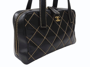 CHANEL シャネル ハンドバッグ ココマーク ワイルドステッチ ブラック レザー シルバー金具 8番台 美品 中古 4b007232