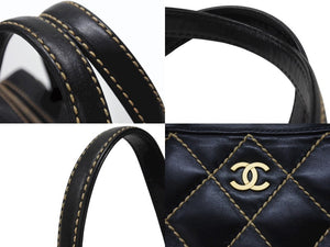 CHANEL シャネル ハンドバッグ ココマーク ワイルドステッチ ブラック レザー シルバー金具 8番台 美品 中古 4b007232