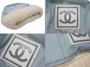 極美品 CHANEL シャネル スポーツライン ニット帽 ココマーク ポリエステル エラスタン アイボリー ブルー サイズM 中古 4b007238