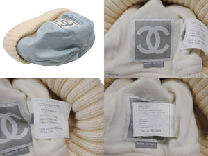 極美品 CHANEL シャネル スポーツライン ニット帽 ココマーク ポリエステル エラスタン アイボリー ブルー サイズM 中古 4b007238