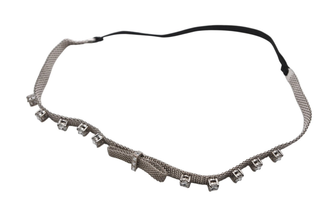 極美品 MIUMIU ミュウミュウ チョーカー ネックレス リボン ラインストーン メタル シルバー ブラック シルバー金具 中古 4b007279