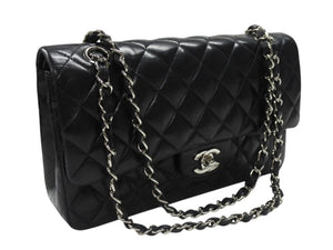 極美品 CHANEL シャネル マトラッセ25 Wフラップ Wチェーンショルダーバッグ 9番台 ラムスキン ココマーク ブラック シルバー金具 中古 4b007305